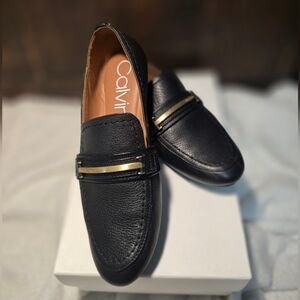 Black Leather CK Loafers with Gold Accent